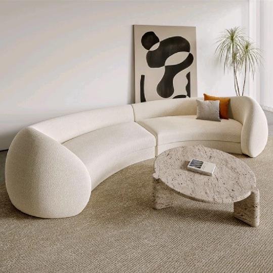 Sculptural Curved Boucle Sofa with Rounded Cocoon Arm Ends