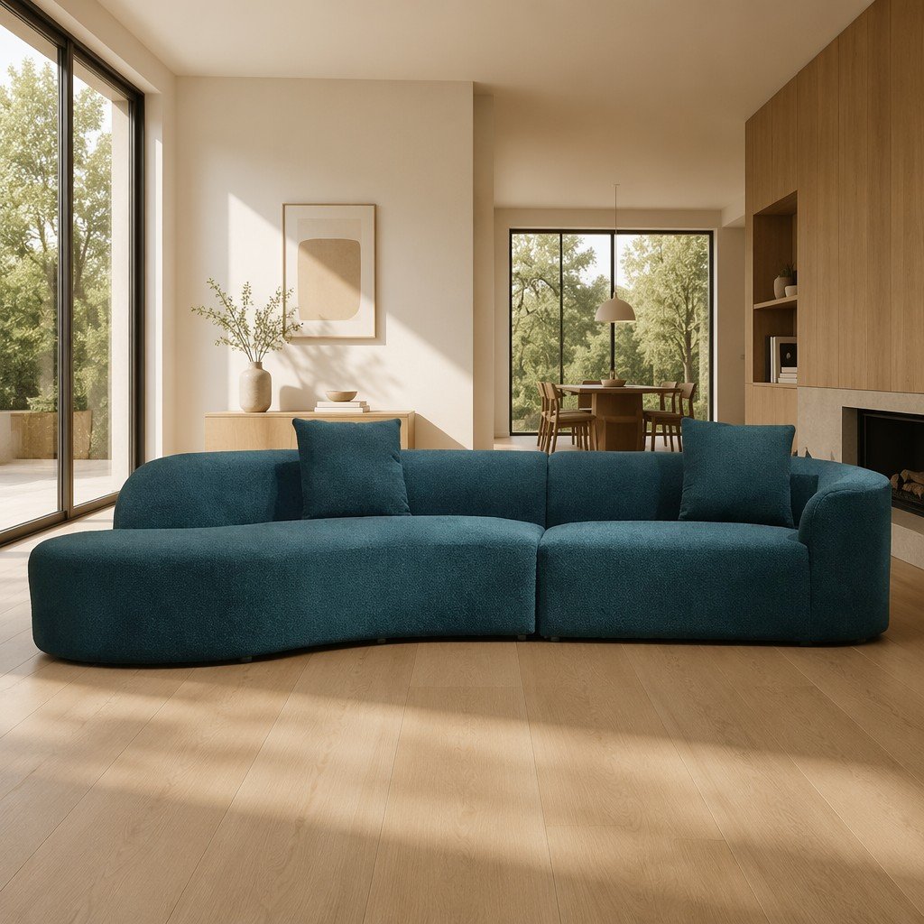 Teal Modular Sofa Centered on a Rounded Chaise Lounge Module