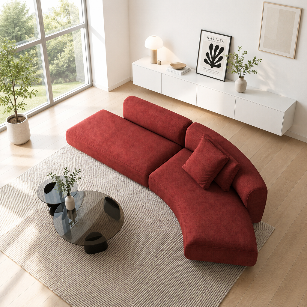 Rust Red Curved Chaise Sofa with Sculptural Low Lounge Profile