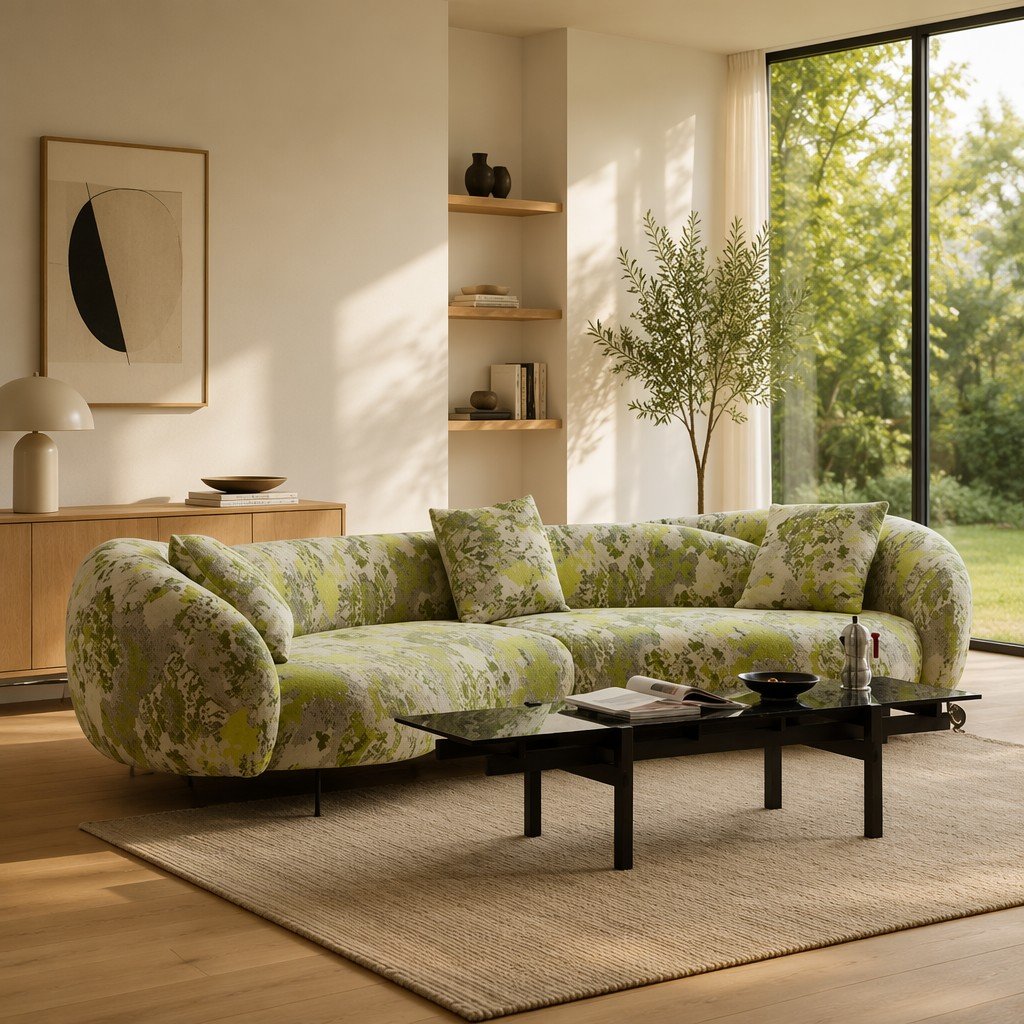 Botanical Fabric Sofa Raised on Slim Black Metal Legs