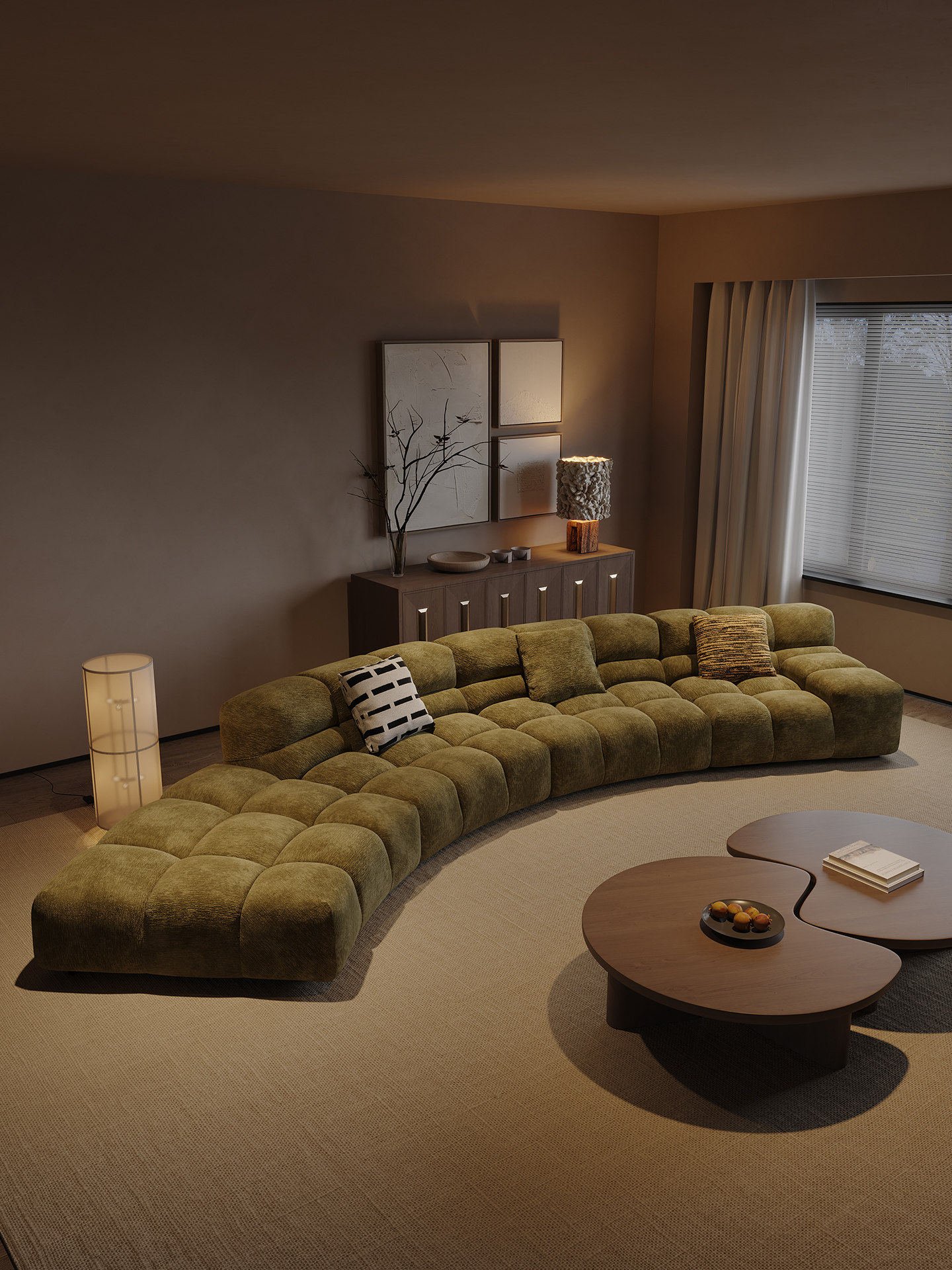 Olive Tufted Curved Sectional Sofa with a Relaxed Left Chaise Lounge
