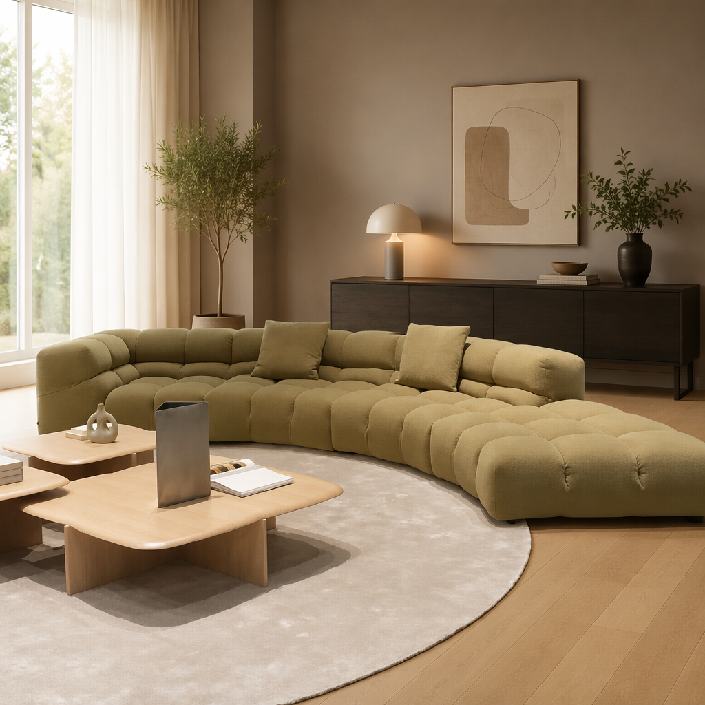 Olive Tufted Curved Sectional Sofa with a Relaxed Left Chais