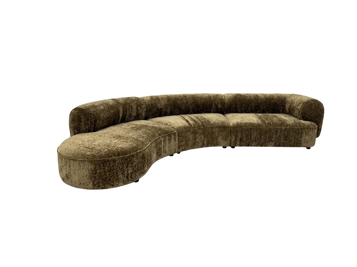 Moss Chenille Curved Sofa with Left Chaise and Channel Backrest