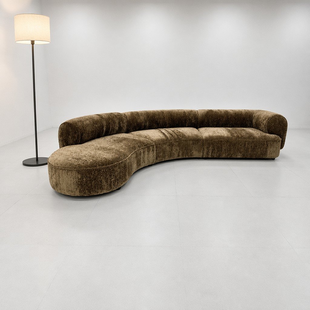 Moss Chenille Curved Sofa with Left Chaise and Channel Backrest