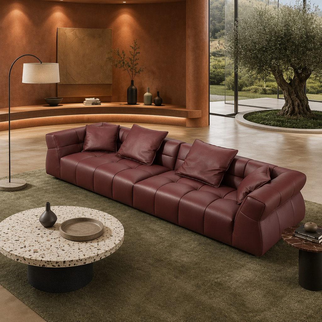 ​Rose Red Channel-Tufted Sofa with Metal Accent Back Gap