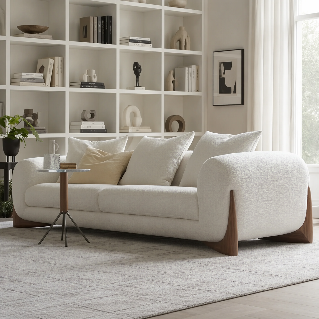 Cream Boucle Sofa and Armchair Set with Walnut A-Frame Legs