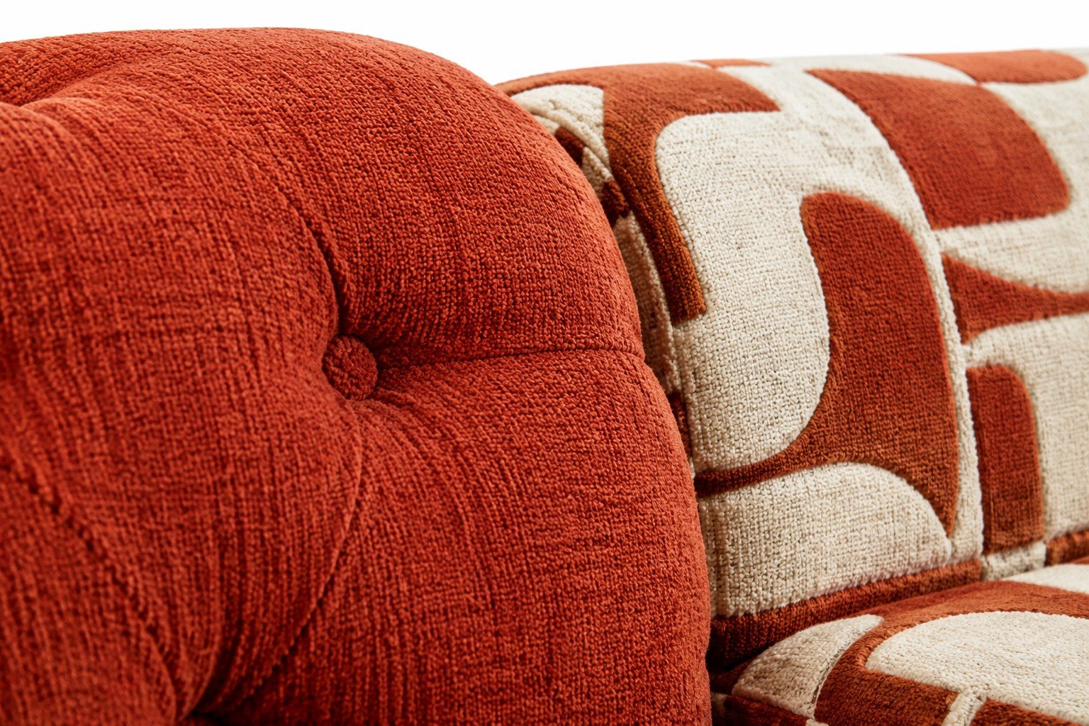 Mixed-Fabric Modular Sofa with Rust Tufted Seat and Pattern Blocks