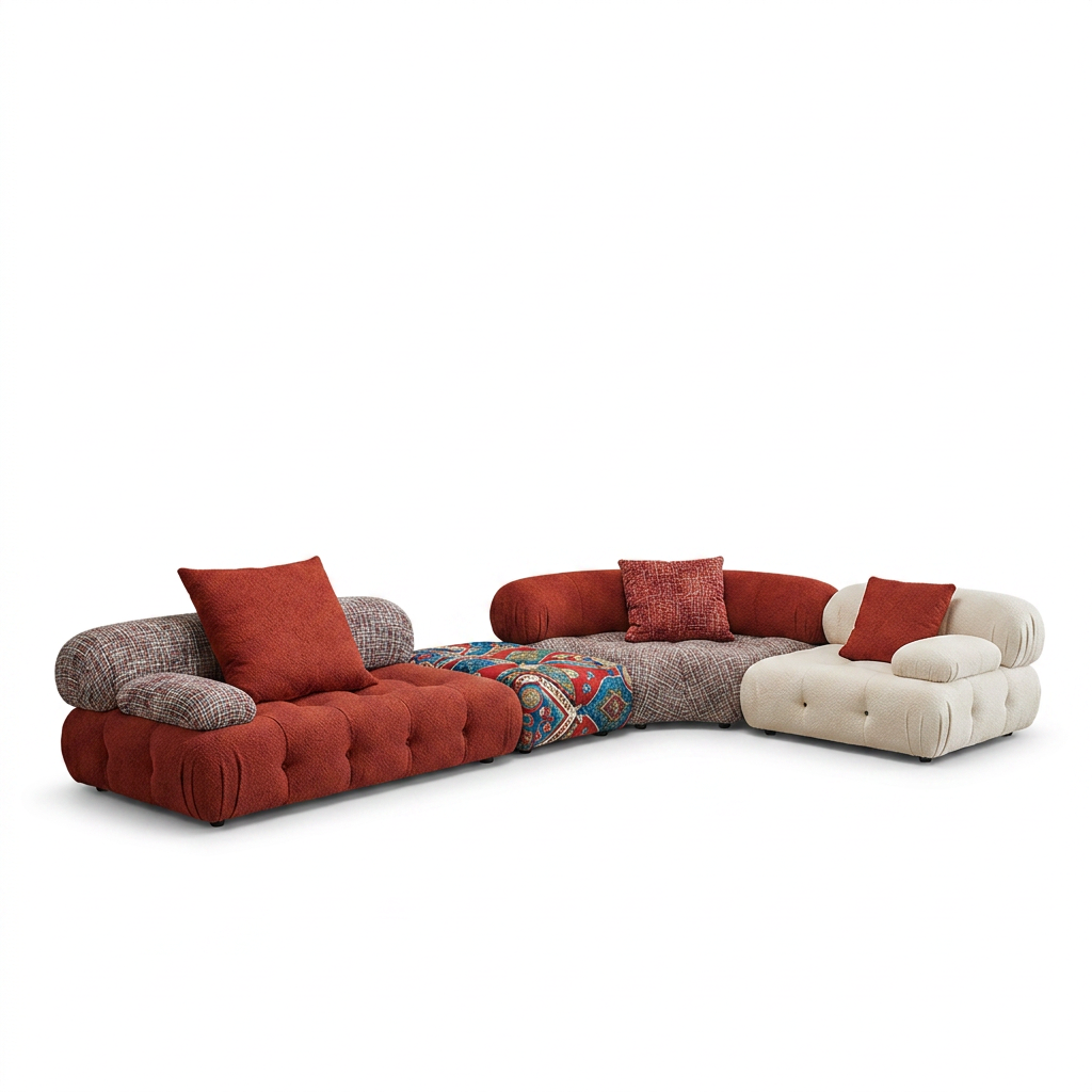 Mixed-Fabric Modular Sofa with Rust Tufted Seat and Pattern Blocks
