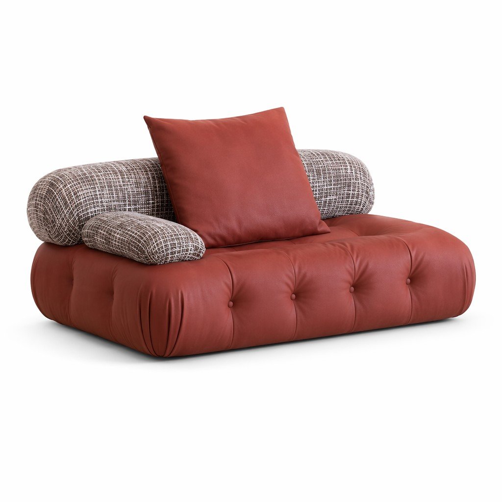 Mixed-Fabric Modular Sofa with Rust Tufted Seat and Pattern Blocks