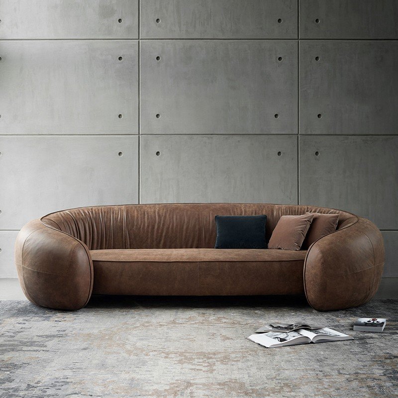 Brown Leather-Look Cocoon Sofa with Rounded Enclosed Arms