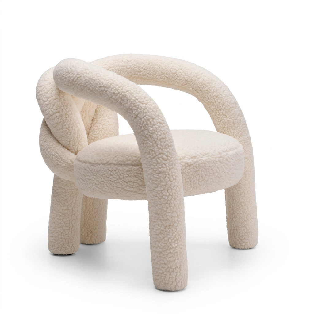 Cream Boucle Loop Lounge Chair with Interlaced Tubular Arms