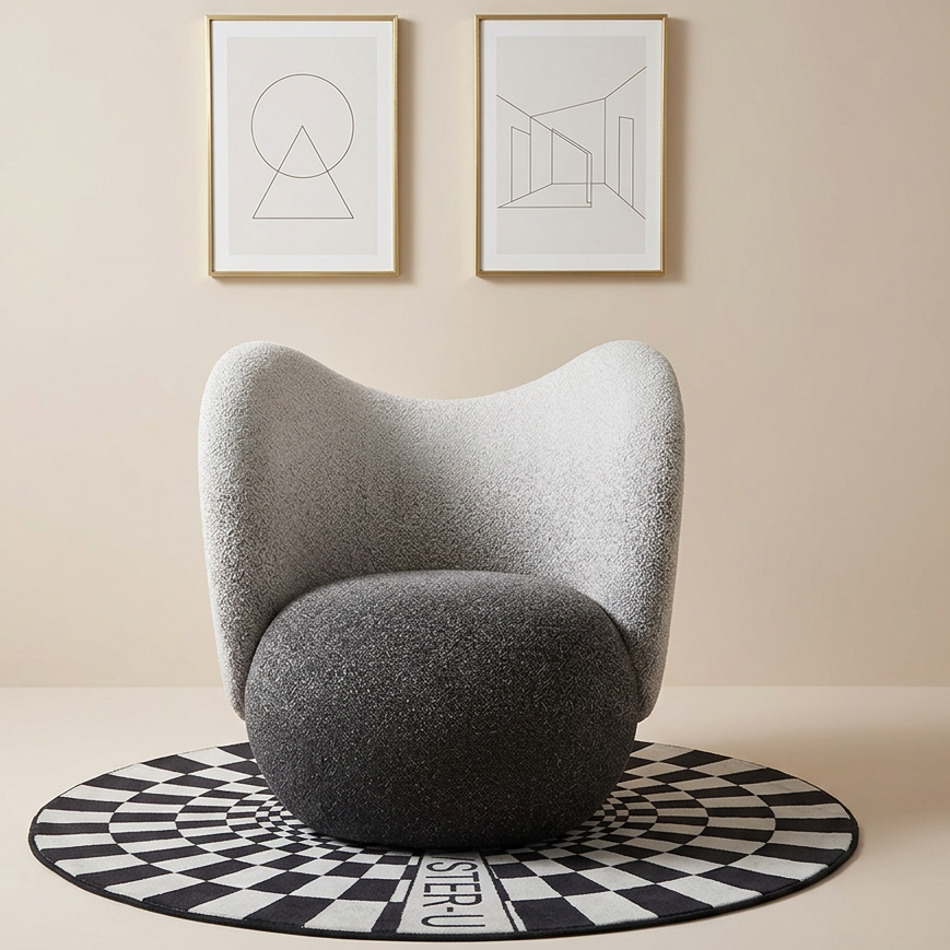 Two-Tone Boucle Wing Lounge Chair with Rounded Ball Seat Bas