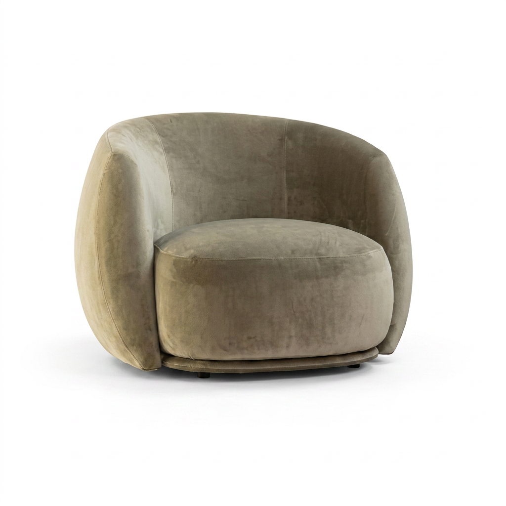 Olive Velvet Tub Lounge Chair with Rounded Wraparound Arms