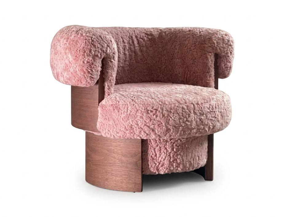 Pink Sherpa Barrel Lounge Chair Framed by Curved Wood Panels
