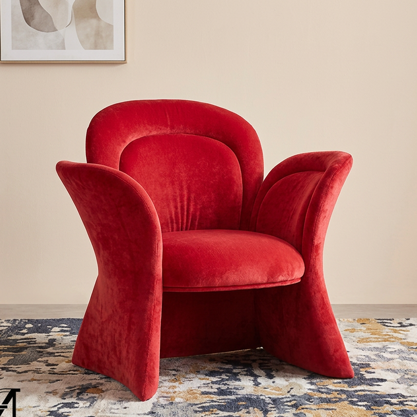 Red Velvet Statement Accent Chair Shaped with Flared Petal Arms