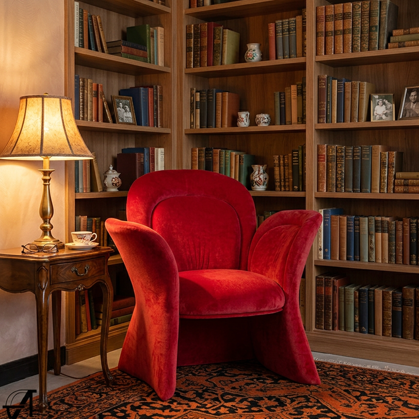 Red Velvet Statement Accent Chair Shaped with Flared Petal Arms