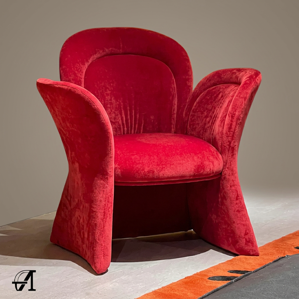 Red Velvet Statement Accent Chair Shaped with Flared Petal Arms