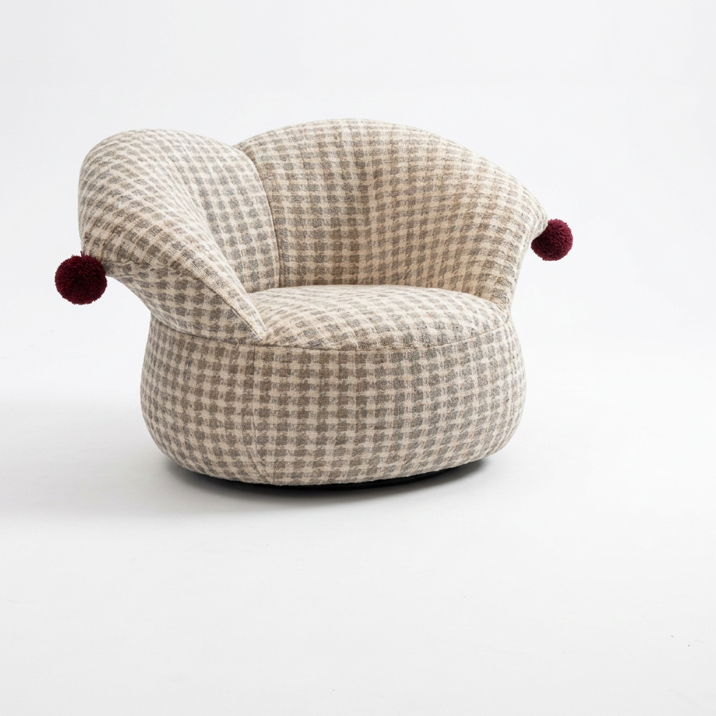 Checked Fabric Lounge Chair with Rounded Pouf Body and Burgundy Pom Accents