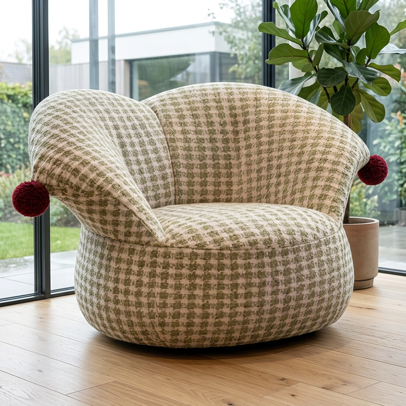 Checked Fabric Lounge Chair with Rounded Pouf Body and Burgundy Pom Accents