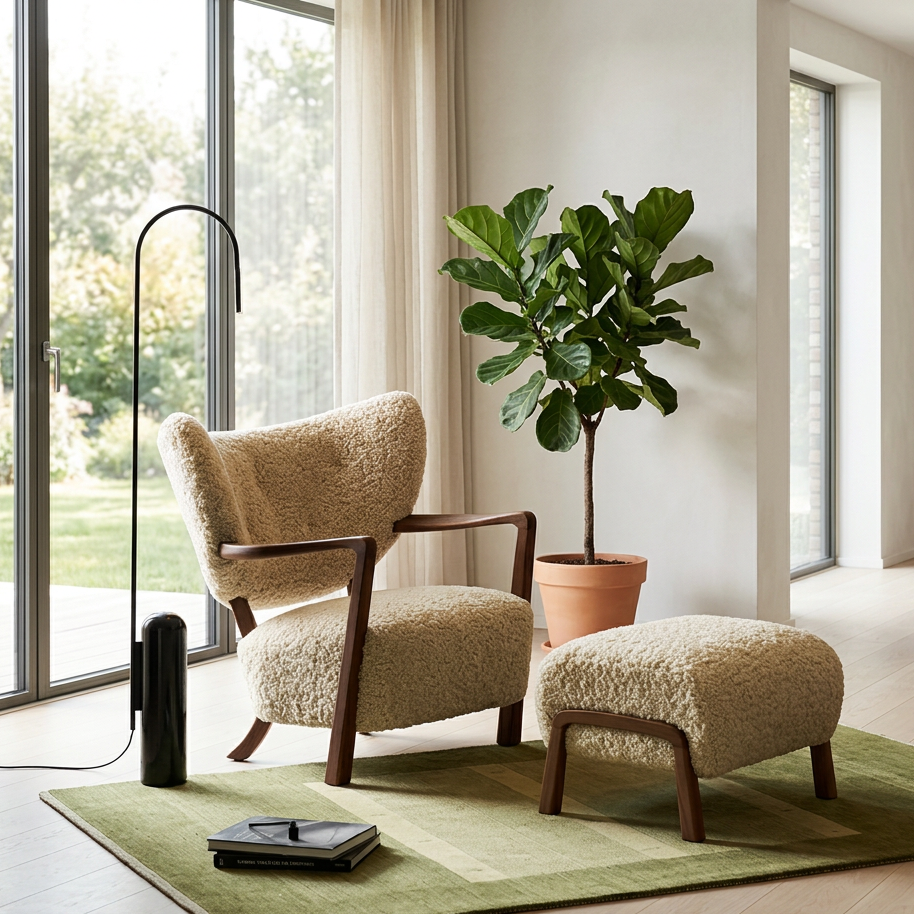 Cream Sherpa Lounge Chair and Ottoman Set Framed in Walnut W