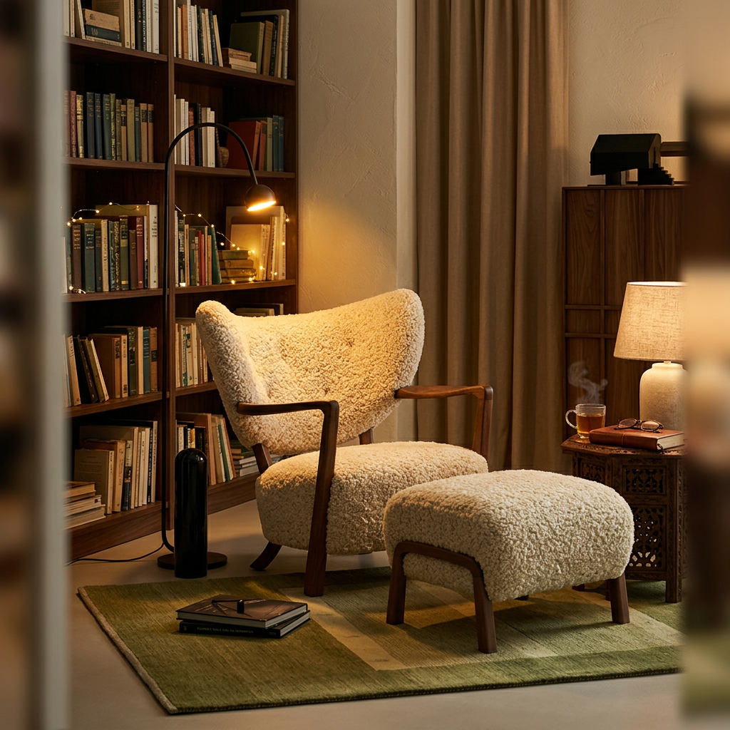 Cream Sherpa Lounge Chair and Ottoman Set Framed in Walnut Wood