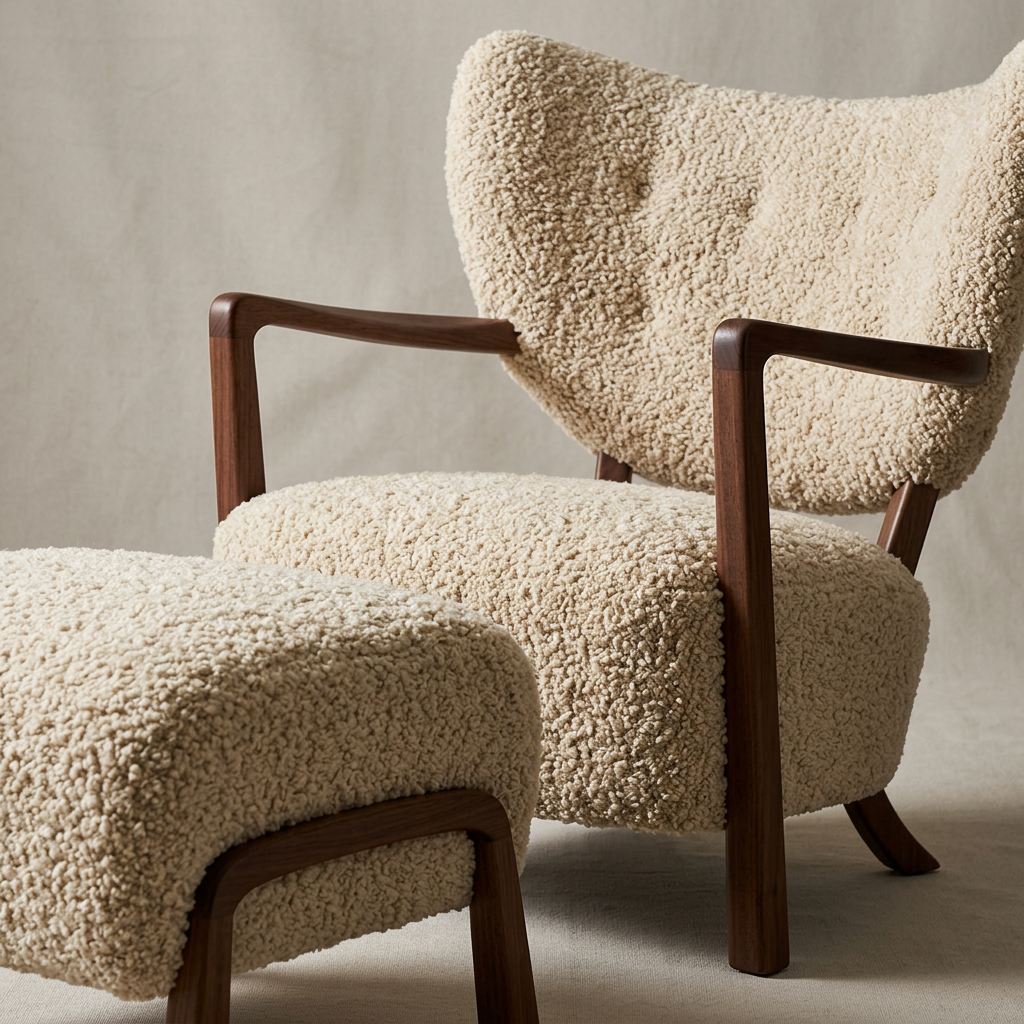 Cream Sherpa Lounge Chair and Ottoman Set Framed in Walnut Wood
