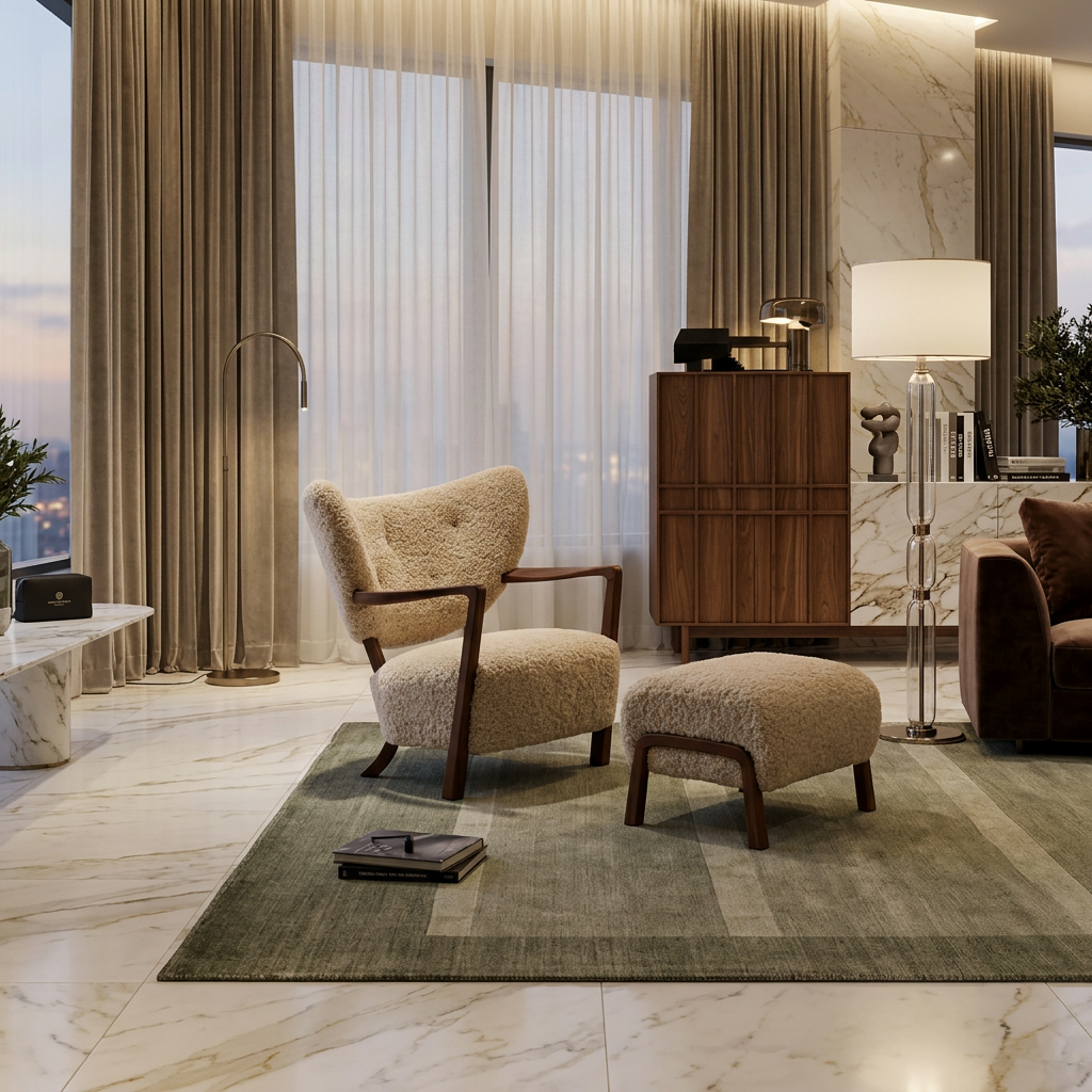Cream Sherpa Lounge Chair and Ottoman Set Framed in Walnut Wood