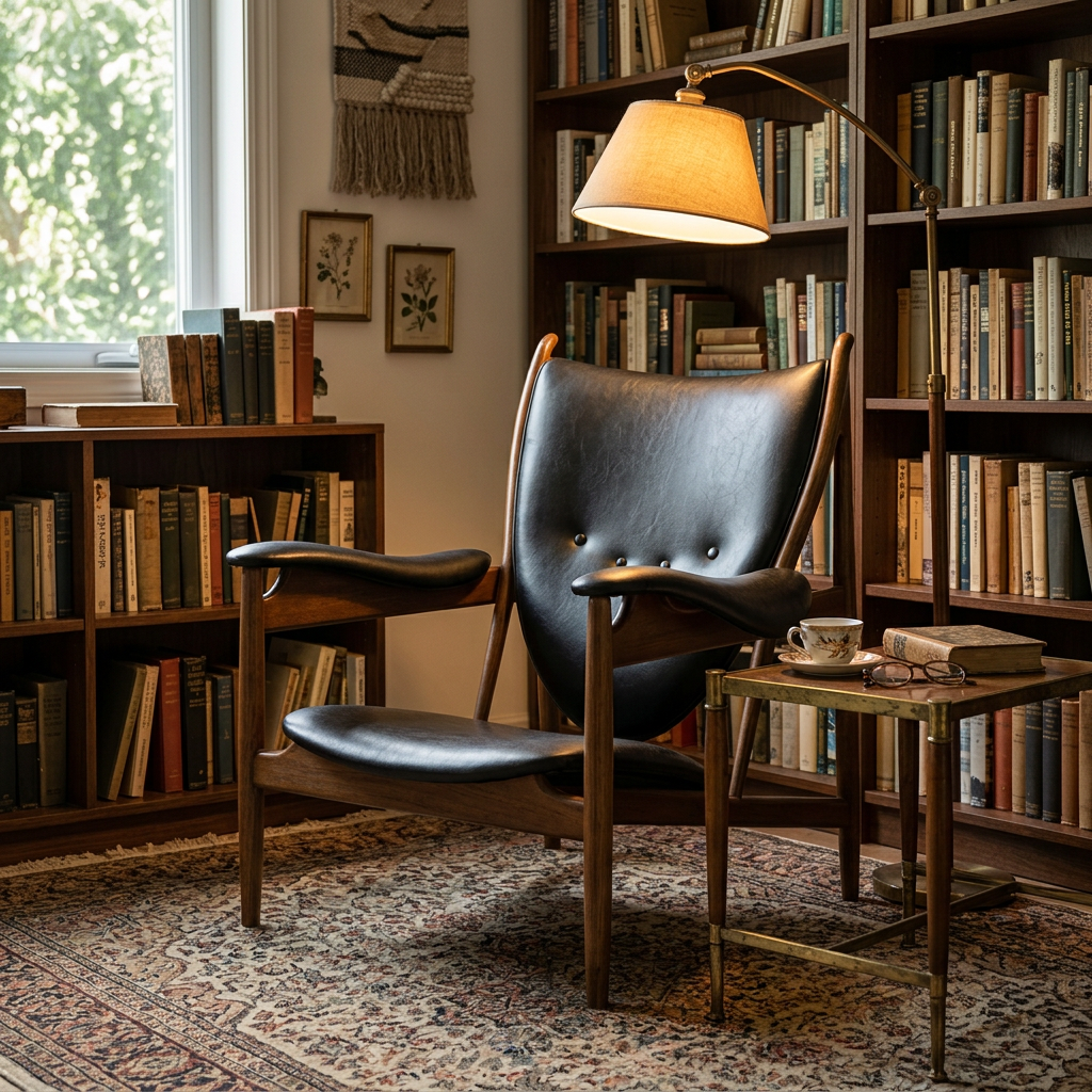 Mid-Century Wood Frame Lounge Chair with Saddle Leather Sling Back