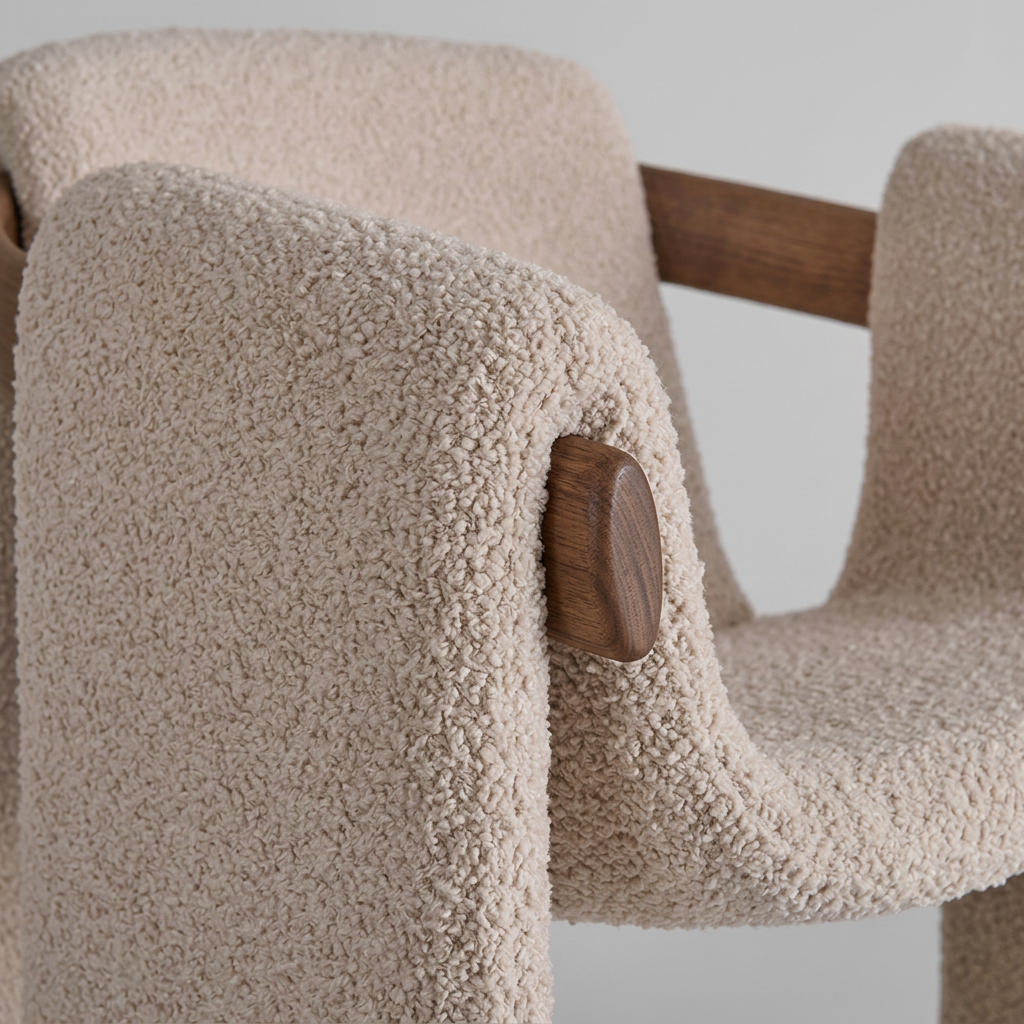 Cream Boucle Architectural Chair Defined by a Through-Wood Back Rail