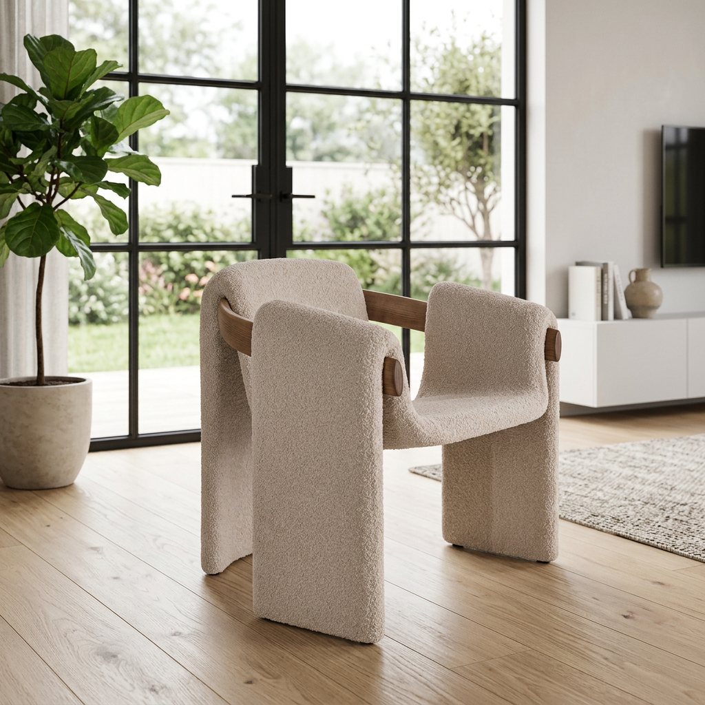 Cream Boucle Architectural Chair Defined by a Through-Wood Back Rail