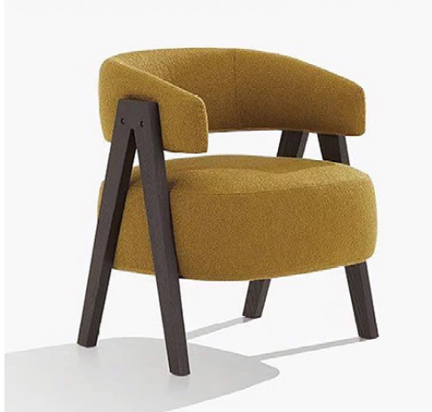 Mustard Boucle Barrel Chair Structured by Dark A-Frame Wood 
