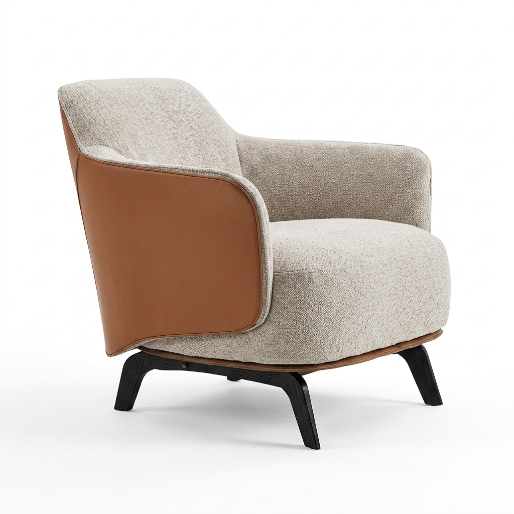 Two-Tone Lounge Chair Blending Taupe Fabric and Cognac Outer