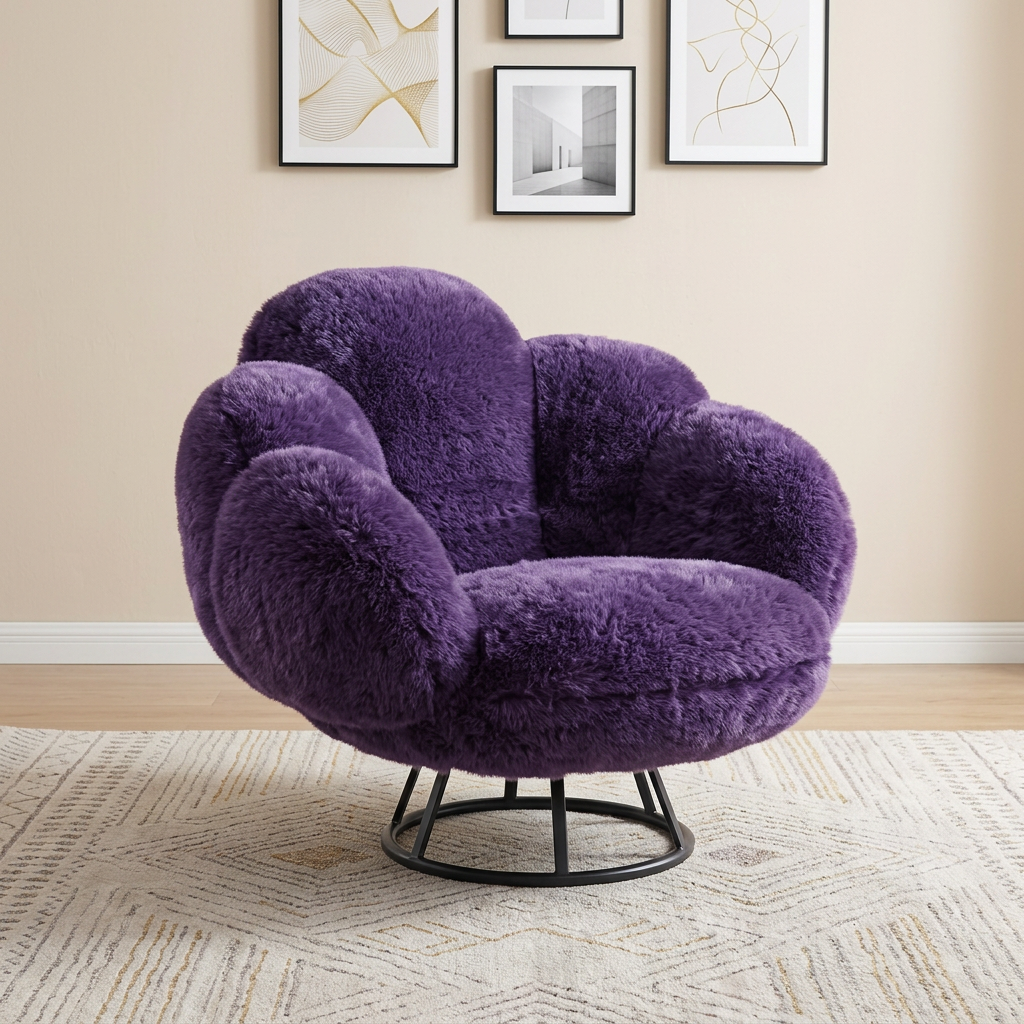 Purple Faux Fur Swivel Lounge Chair Shaped Like Soft Petals