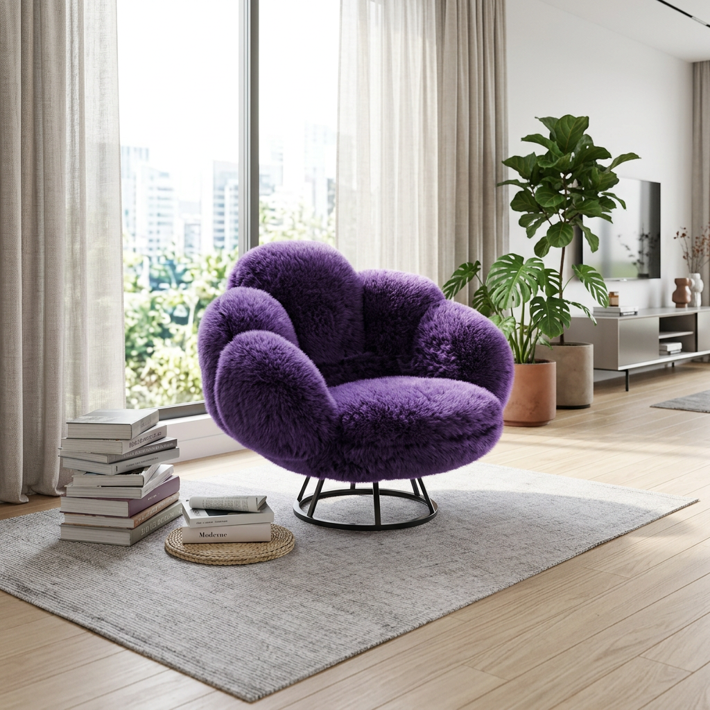 Purple Faux Fur Swivel Lounge Chair Shaped Like Soft Petals