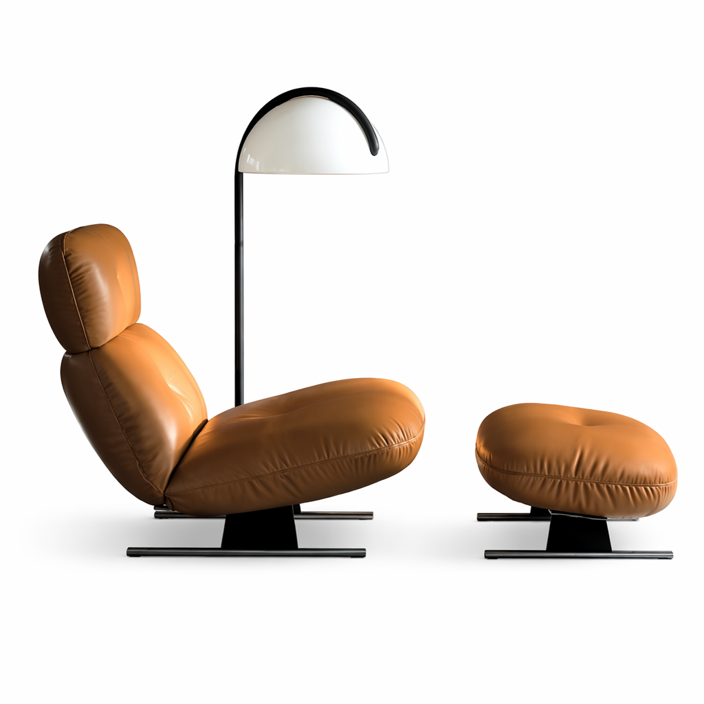 Caramel Leather Recliner and Ottoman Set on Low Metal Bases