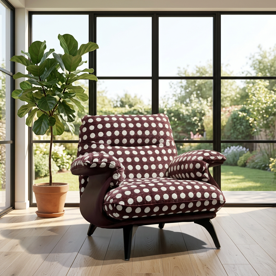 Brown Polka Dot Lounge Chair with Wide Cushions and Black Tapered Legs