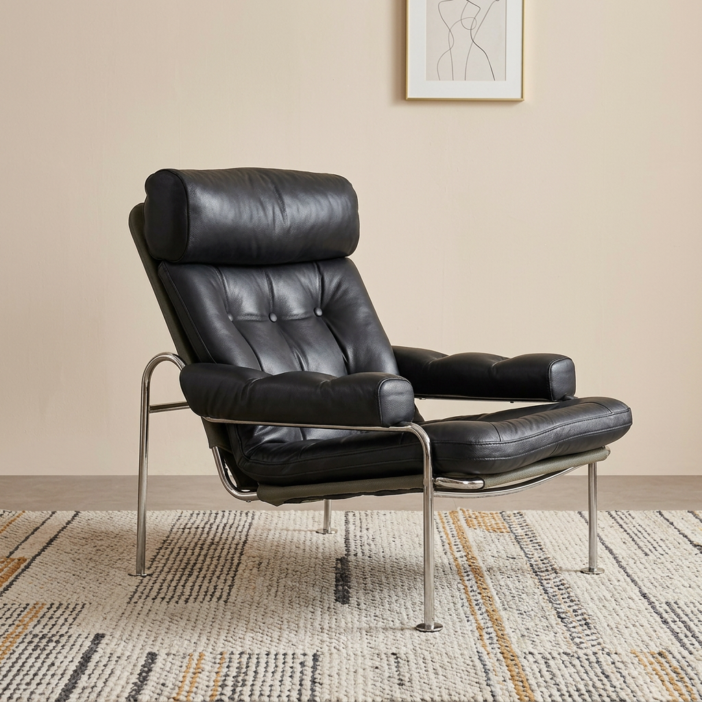 Black Leather Chaise Lounge Chair Carried by a Chrome Tubular Frame