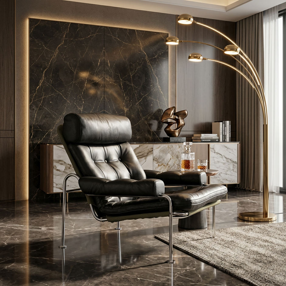 Black Leather Chaise Lounge Chair Carried by a Chrome Tubular Frame