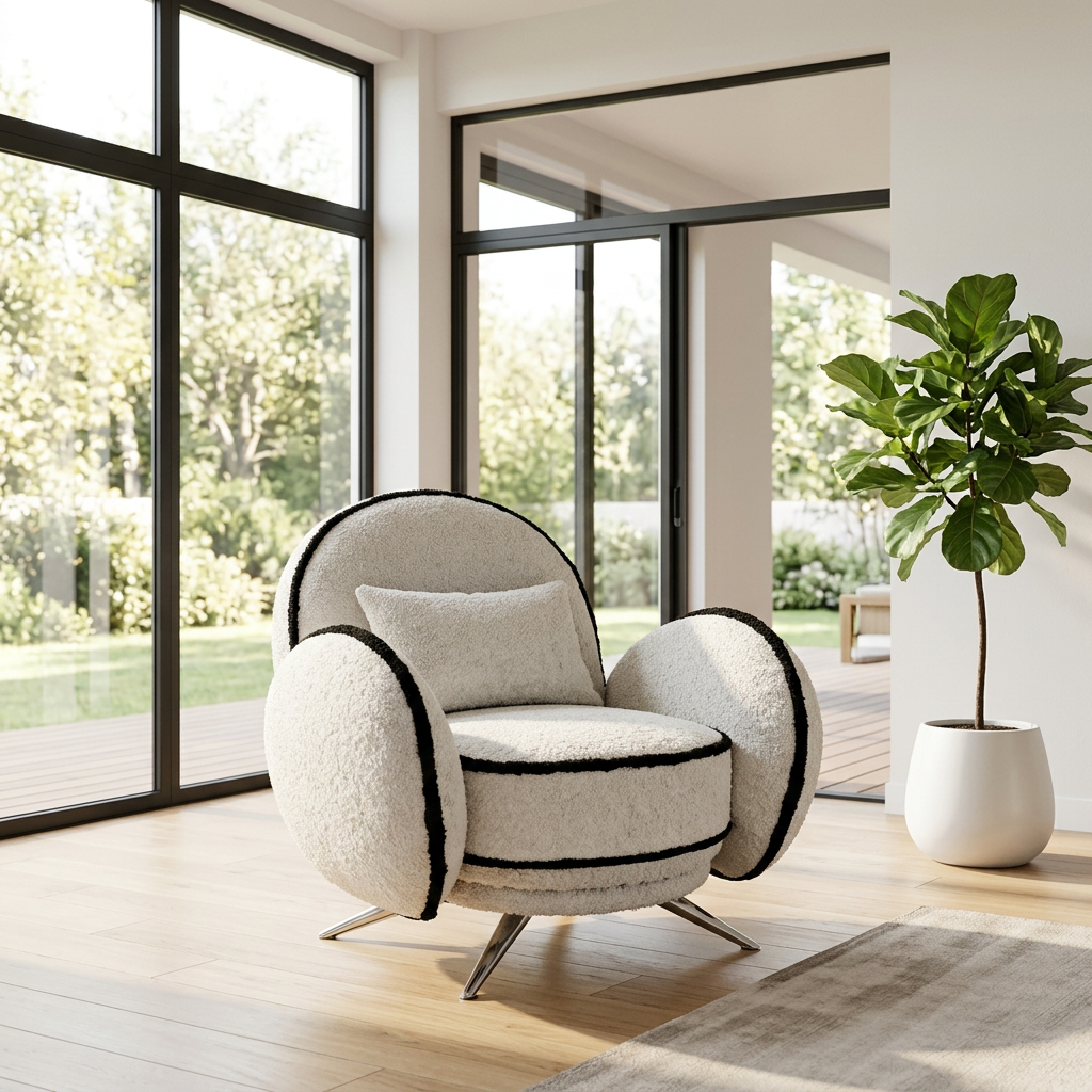 Cream Sherpa Round Armchair Detailed with Black Piping and Silver Star Legs