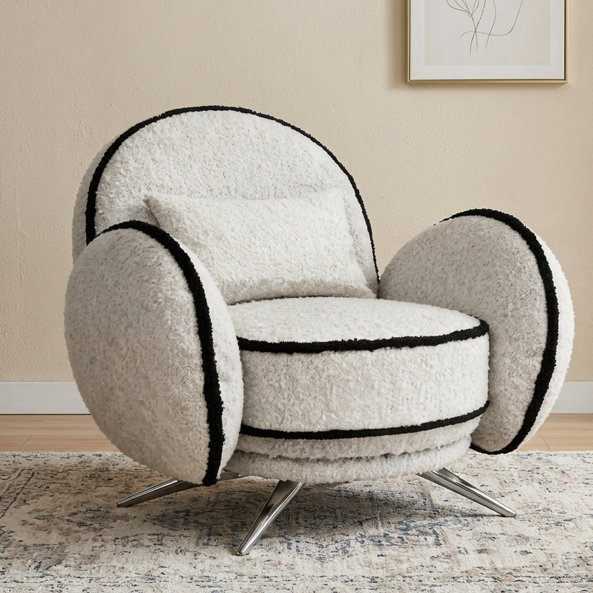 Cream Sherpa Round Armchair Detailed with Black Piping and Silver Star Legs