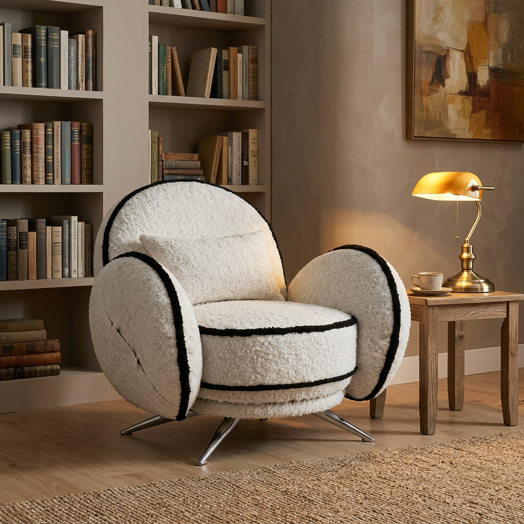 Cream Sherpa Round Armchair Detailed with Black Piping and Silver Star Legs