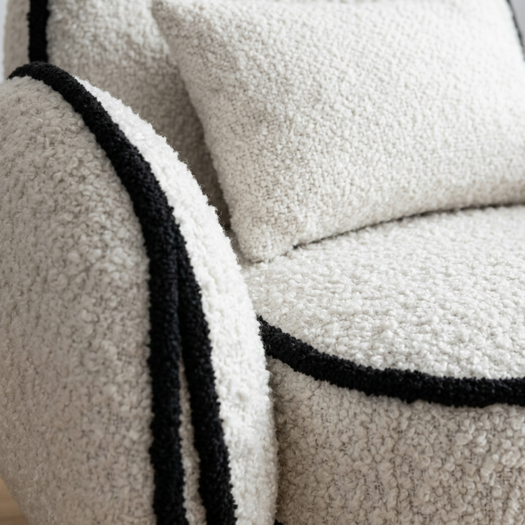 Cream Sherpa Round Armchair Detailed with Black Piping and Silver Star Legs