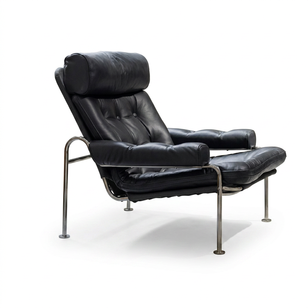 Black Leather Chaise Lounge Chair Carried by a Chrome Tubula