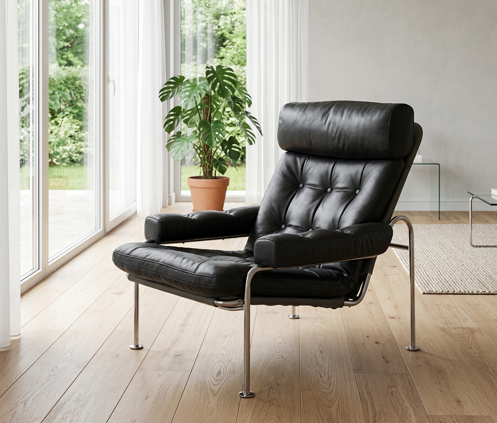 Black Leather Chaise Lounge Chair Carried by a Chrome Tubular Frame