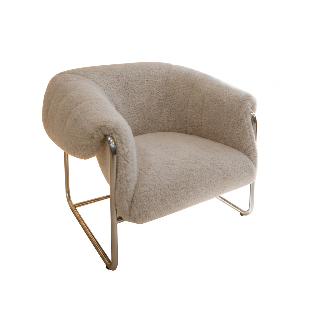 ​Cream Sherpa Tub Chair Balanced on a Champagne Sled Frame