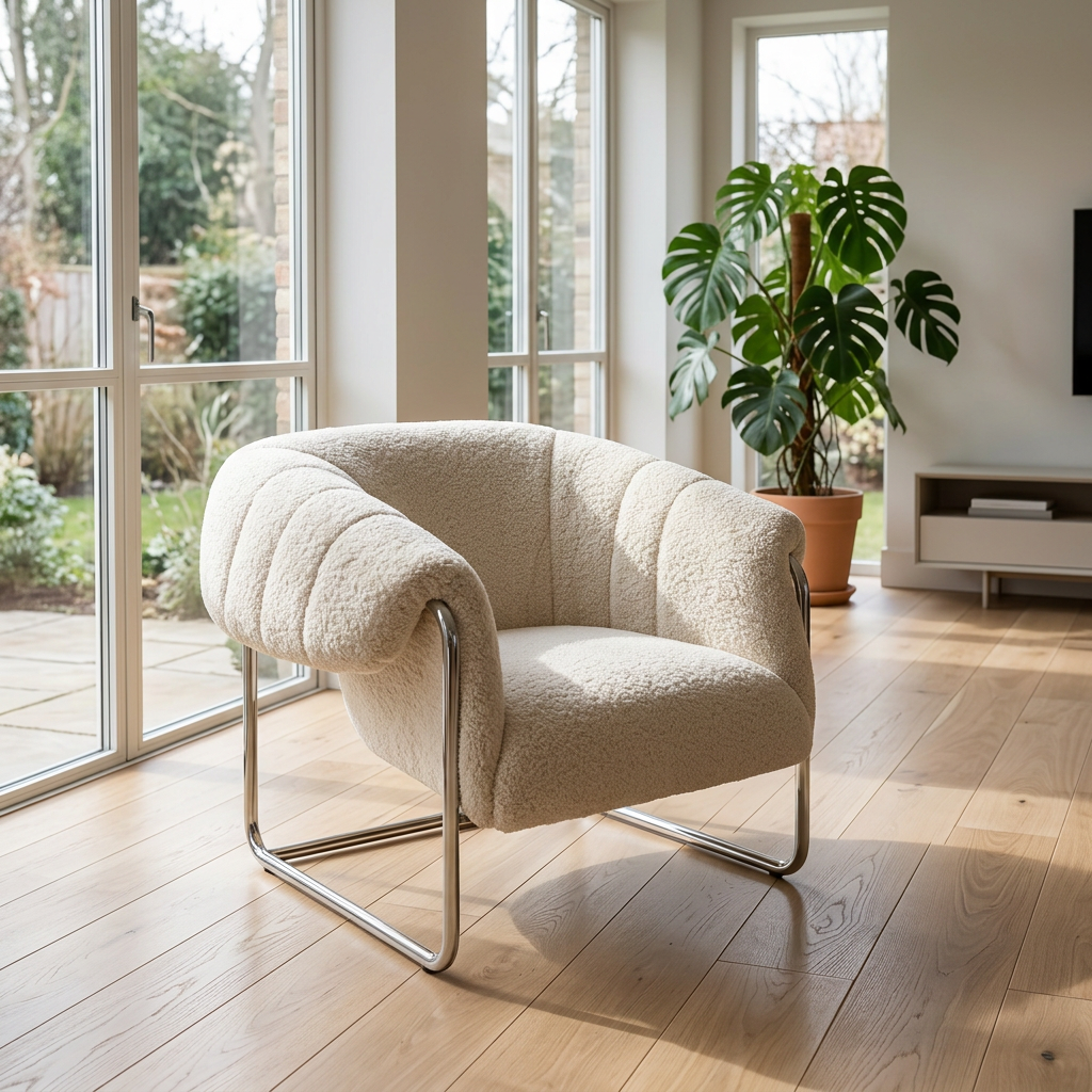 ​Cream Sherpa Tub Chair Balanced on a Champagne Sled Frame