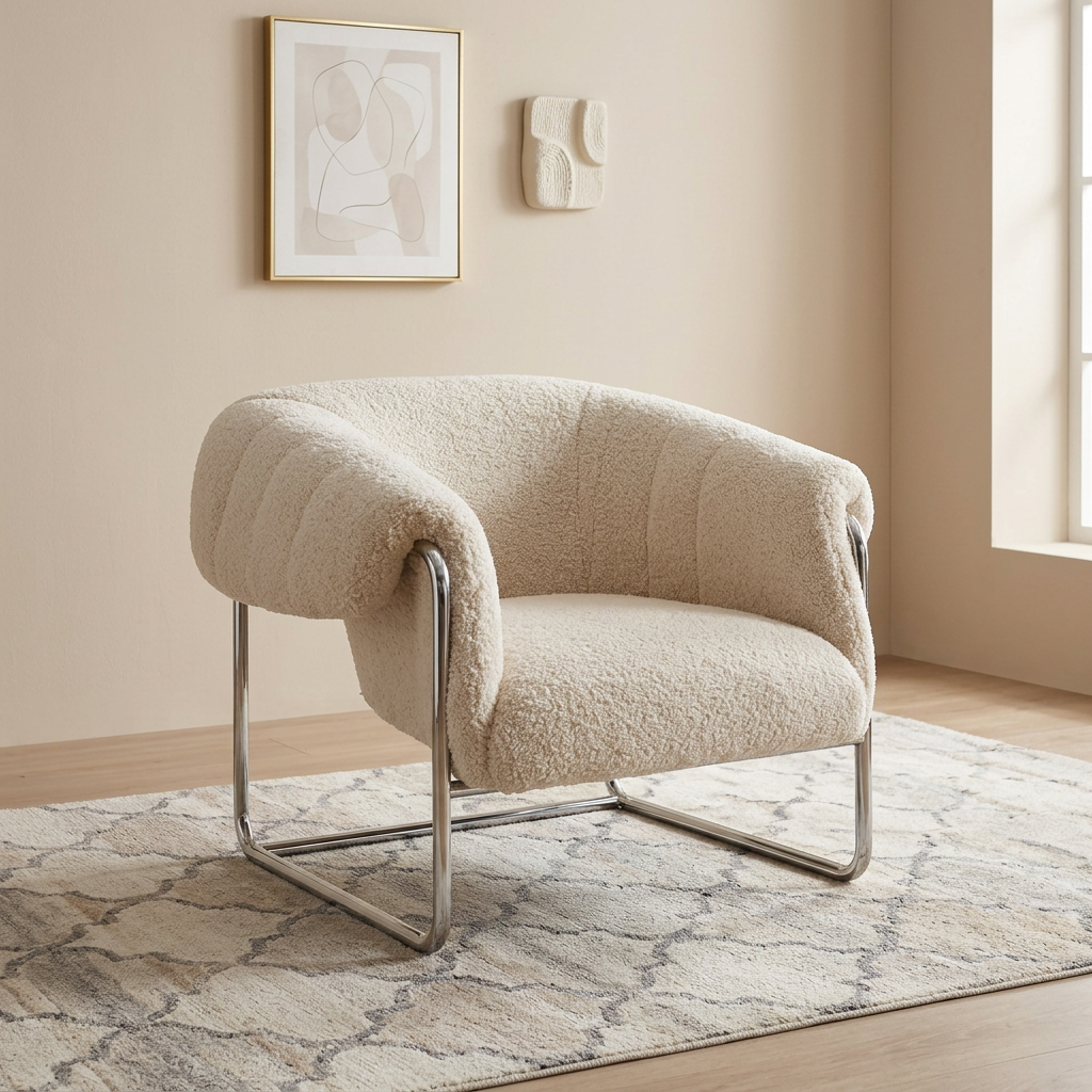 ​Cream Sherpa Tub Chair Balanced on a Champagne Sled Frame
