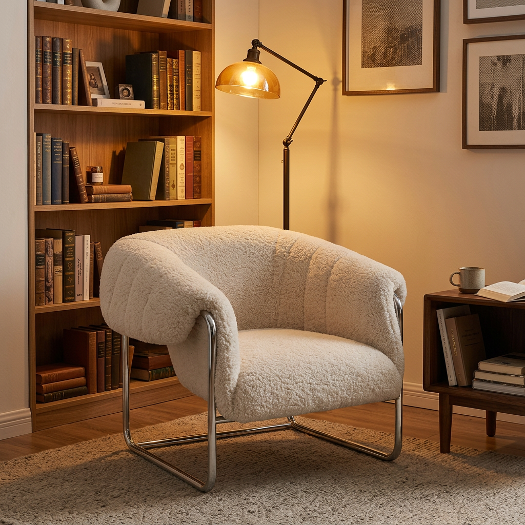 ​Cream Sherpa Tub Chair Balanced on a Champagne Sled Frame