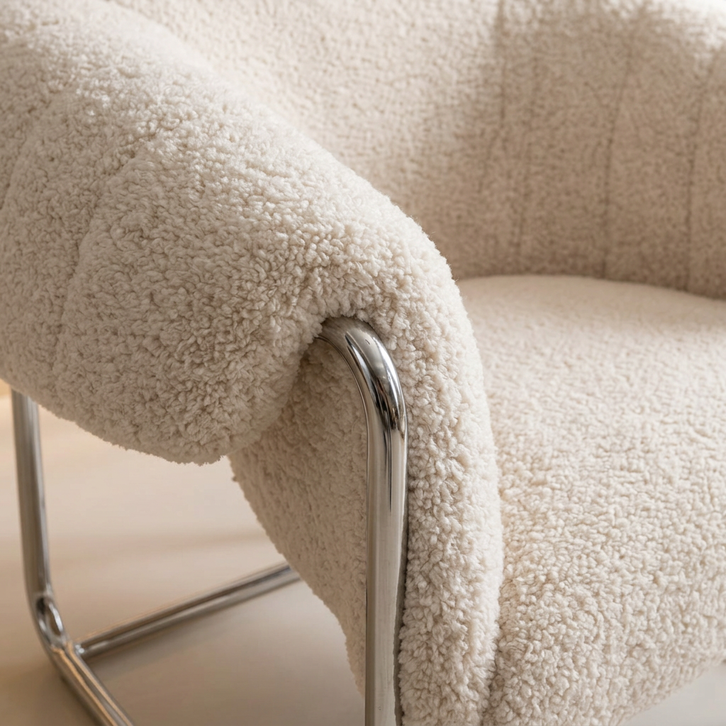 ​Cream Sherpa Tub Chair Balanced on a Champagne Sled Frame
