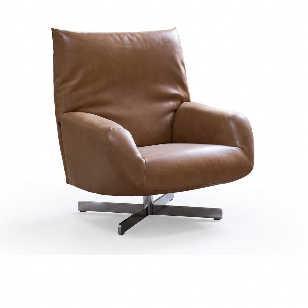 Cognac Leather Swivel Lounge Chair with a High Pillow Back